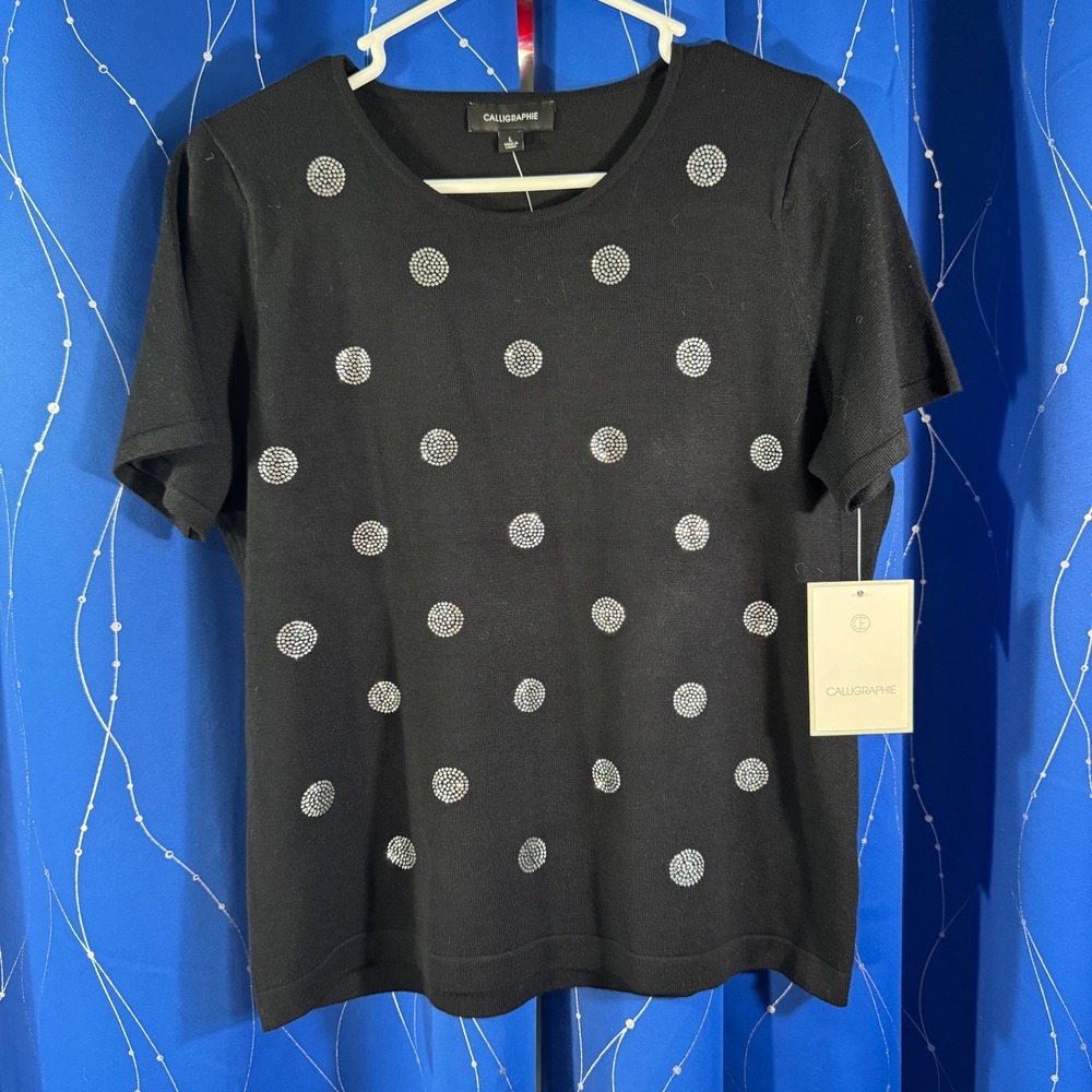 CALLIGRAPHIE Womens Black Short Sleeve Knit Top Rhinestone Polka Dot Size L